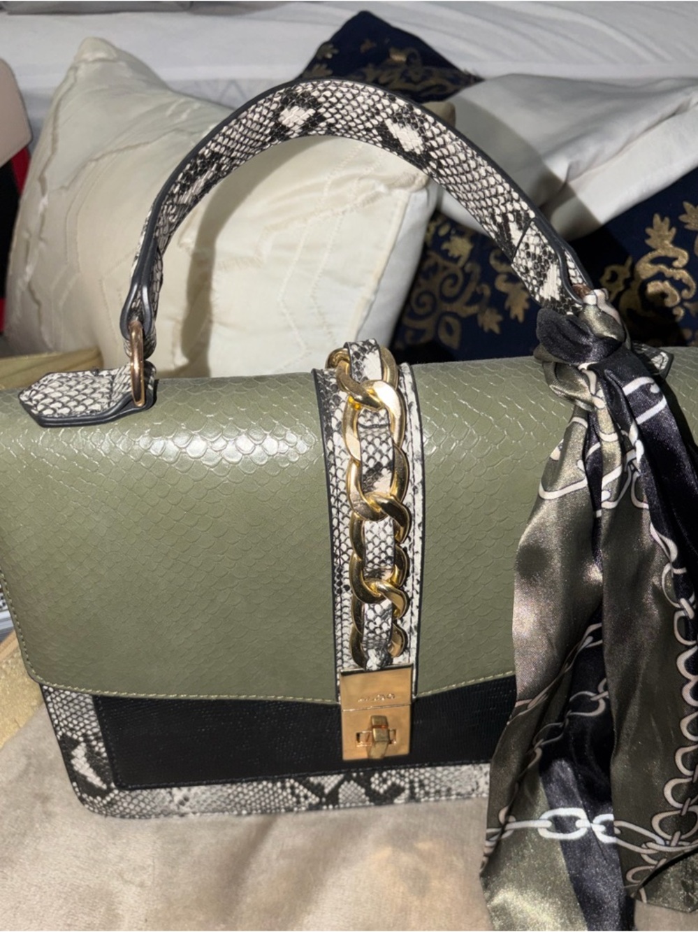 Olive Green Structured Top-Handle Bag with Snake-Print Trim - Aldo